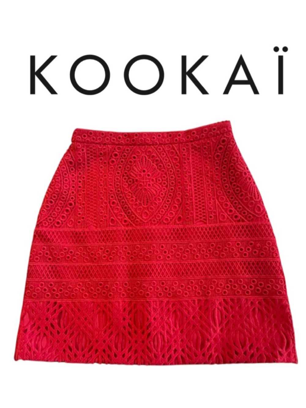 KOOKAI Orange Embroidered Lace Mini Skirt Lined Eyelet Straight Chic Sleek 4